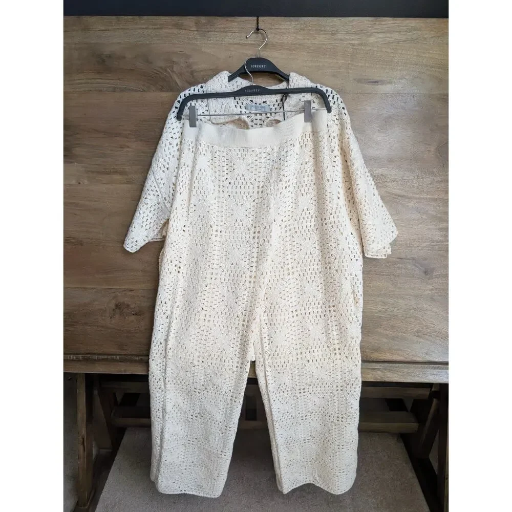 Allsaints Milly Open Knit 2-Piece Pajama Set Womens XS Ecru White Short Sleeve